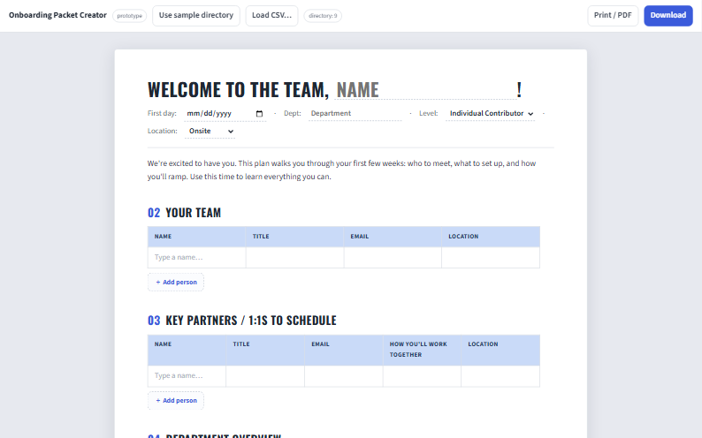 Onboarding Packet Creator screenshot