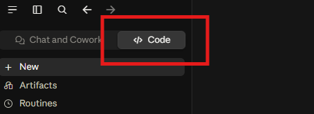 Selecting Code from the top left corner