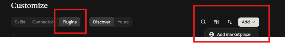 Plugins tab, then Add, then Add marketplace